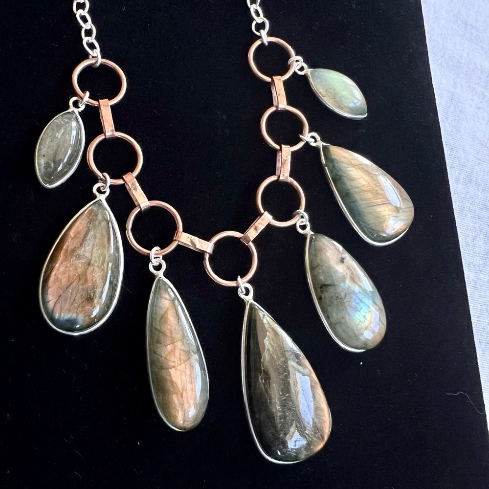925 MIND BLOWN! Copper + Silver Sunset Flash Labradorite Chandelier Necklace